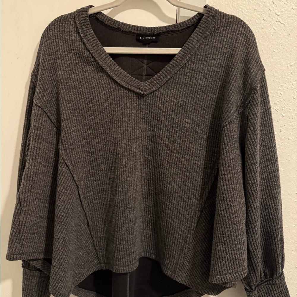 Gray V-Neck Ribbed Sweater